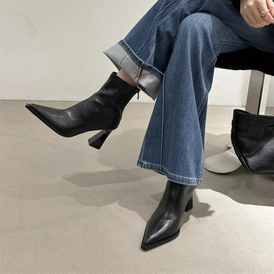 Botines de Tacón Grueso para Mujer | Botines de Invierno Punta Fina