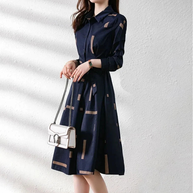 Vestido Camisero Midi Geométrico para Mujer | Estampado Slim