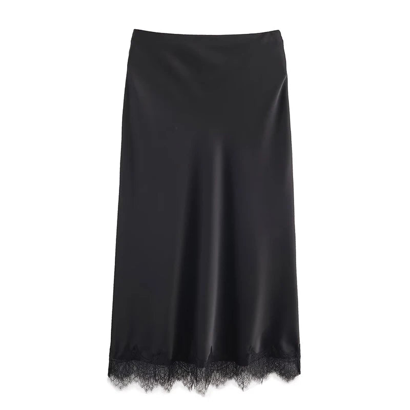 Falda Midi Plisada con Encaje para Mujer | Cintura Alta