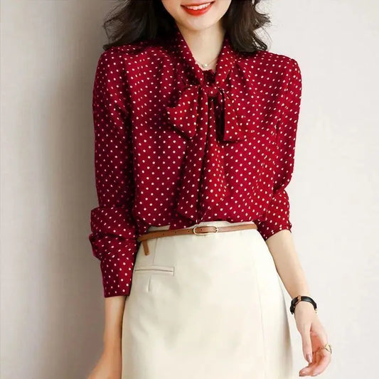 Blusa de Lunares con Lazada al Cuello para Mujer | Blusa Vintage Pussy Bow