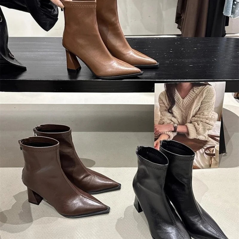 Botines de Tacón Grueso para Mujer | Botines de Invierno Punta Fina
