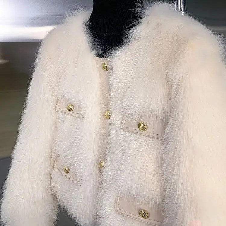 Chaqueta de Pelo para Mujer | Abrigo Corto de Pelo Sintético con Botones Dorados