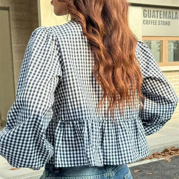 Blusa de Cuadros Vichy para Mujer | Manga Farol con Lazos