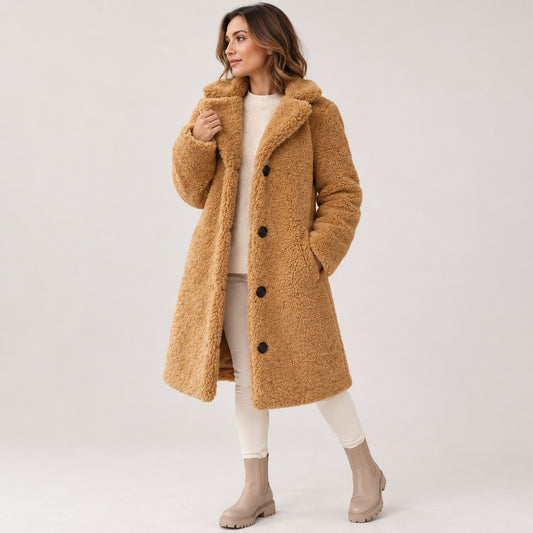 Abrigo de borreguito camel largo con solapa en estudio