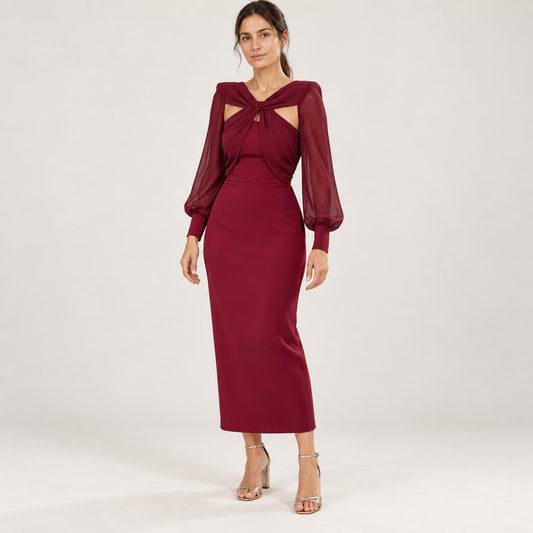 Vestido burdeos largo entallado con escote anudado, cuerpo entero