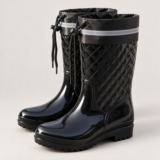 Botas de agua negras acolchadas con cordón, el par en estudio
