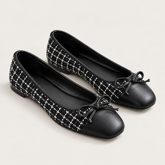 Bailarinas de tweed negro con puntera de piel y lazo, el par