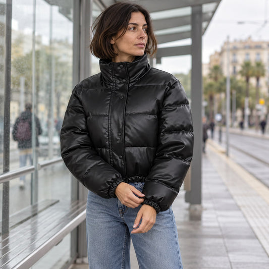 Chaqueta de piel sintética negra en una parada urbana