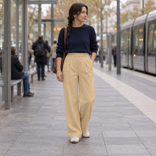 Pantalón recto vintage caqui de cintura alta en parada de tranvía