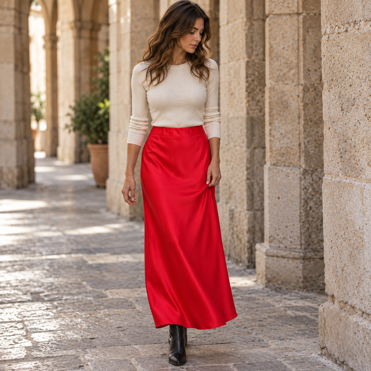 Falda larga satinada roja de cintura alta en look mediterráneo