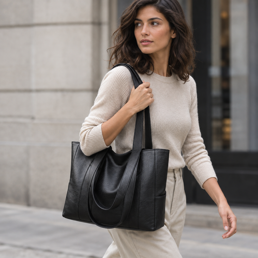 Bolso shopper grande negro, secundaria lifestyle llevado al hombro en calle