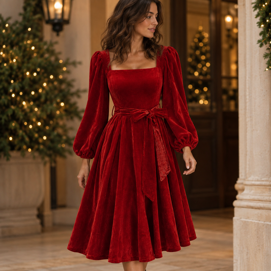 Vestido de terciopelo navideño Rojo, secundaria lifestyle caminando