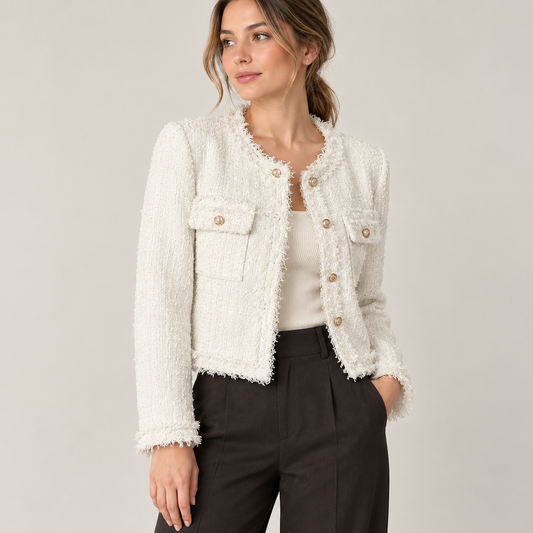 Chaqueta tweed blanca con flecos en estudio