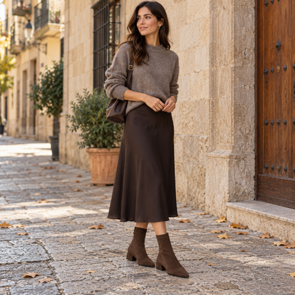 Botines de ante marrón con tacón bajo cuadrado en look de otoño con falda midi