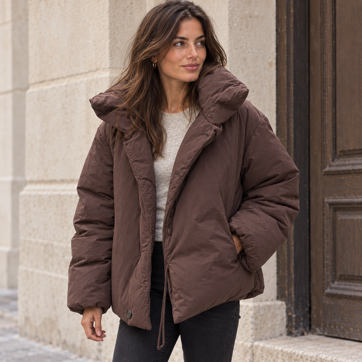 Chaqueta acolchada corta marrón con cuello alto en foto lifestyle frontal abierta
