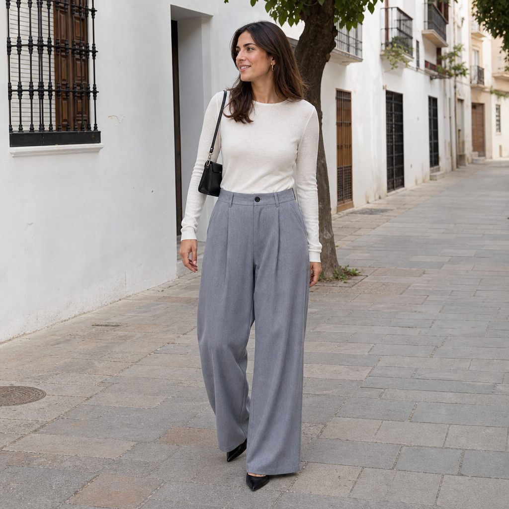 Pantalón de Pinzas Ancho para Mujer – Gris Azulado