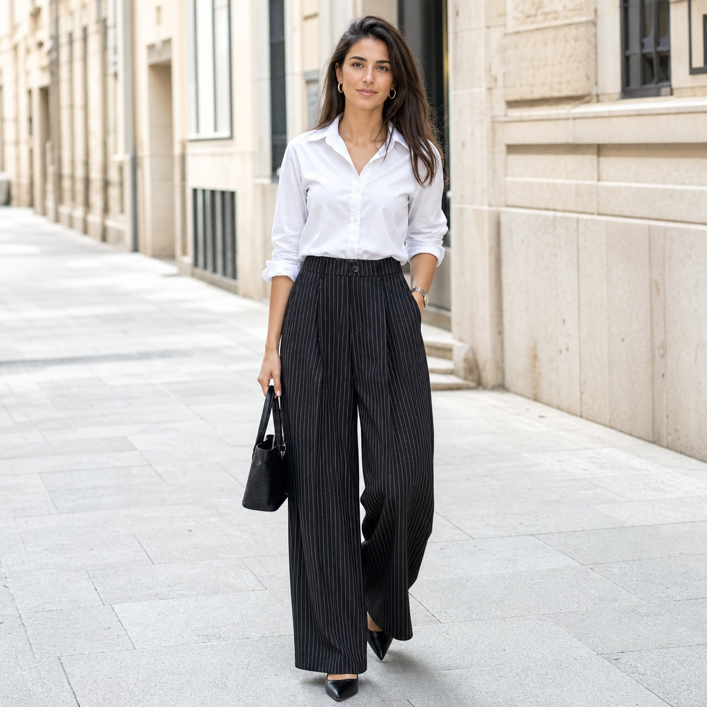 Pantalón de Pinzas Ancho para Mujer – Negro Raya Diplomática
