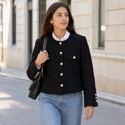 Chaqueta tweed negra para mujer con botones dorados