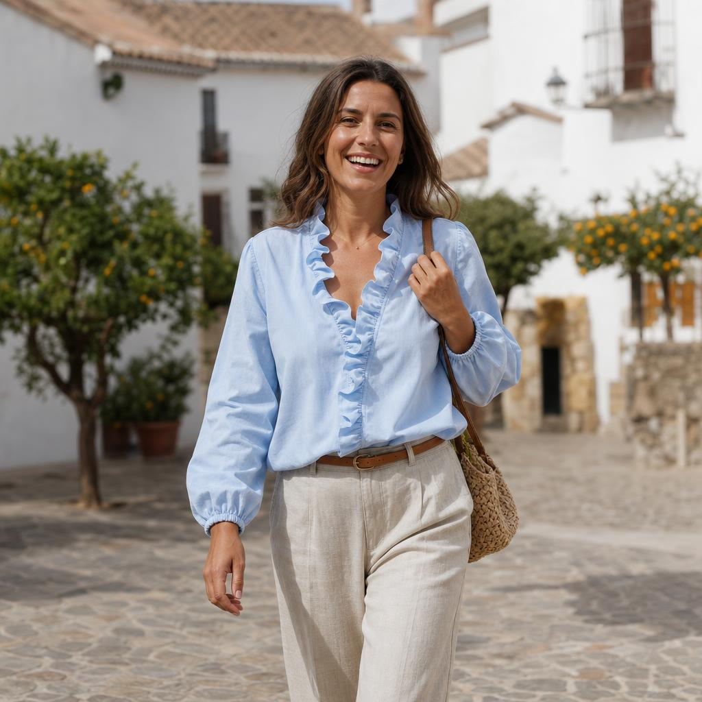 Camisa azul de volantes para mujer con cuello de pico