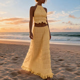 Conjunto boho amarillo top halter y falda larga