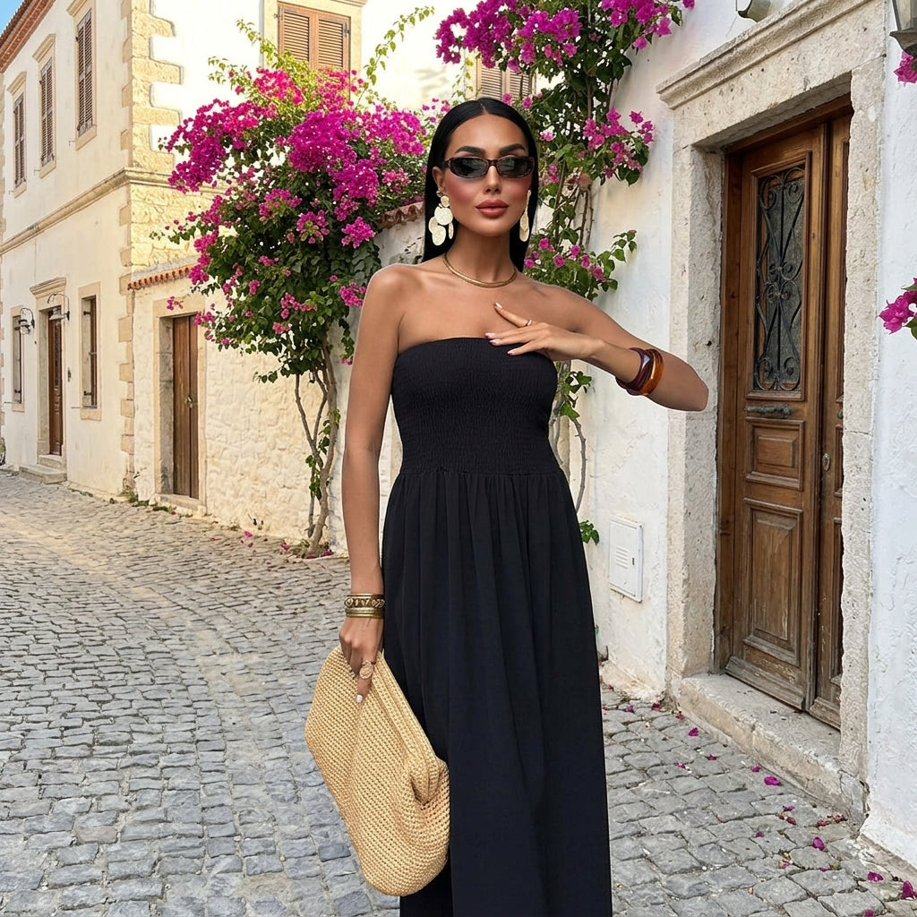 Vestido largo palabra de honor bardot negro - portada