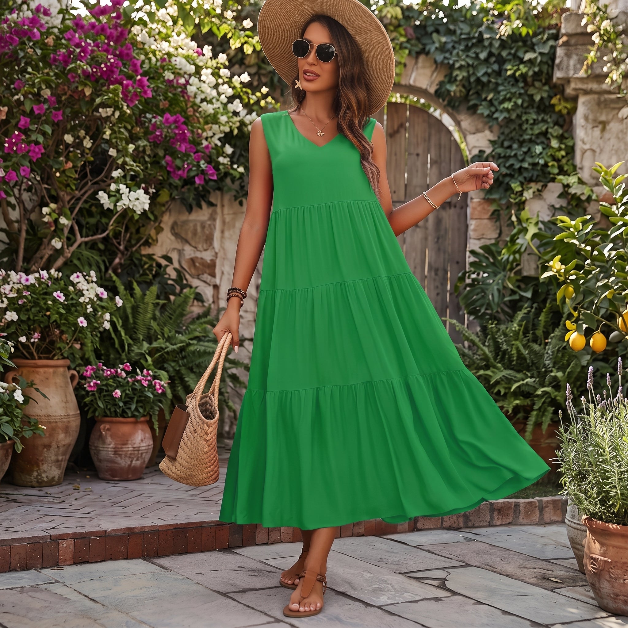 Vestido midi evasé sin mangas verde - Carlota Maré