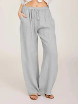 Pantalón de Lino Ancho para Mujer | Cordón, Bolsillos y Cintura Elástica de Verano