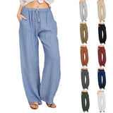 Pantalón de Lino Ancho para Mujer | Cordón, Bolsillos y Cintura Elástica de Verano