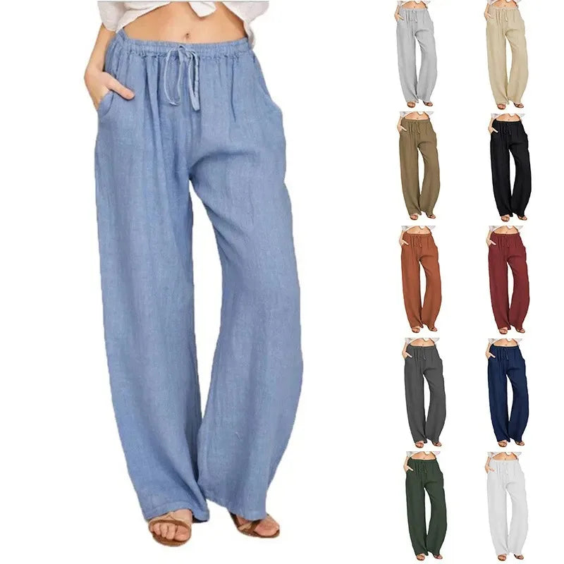 Pantalón de Lino Ancho para Mujer | Cordón, Bolsillos y Cintura Elástica de Verano