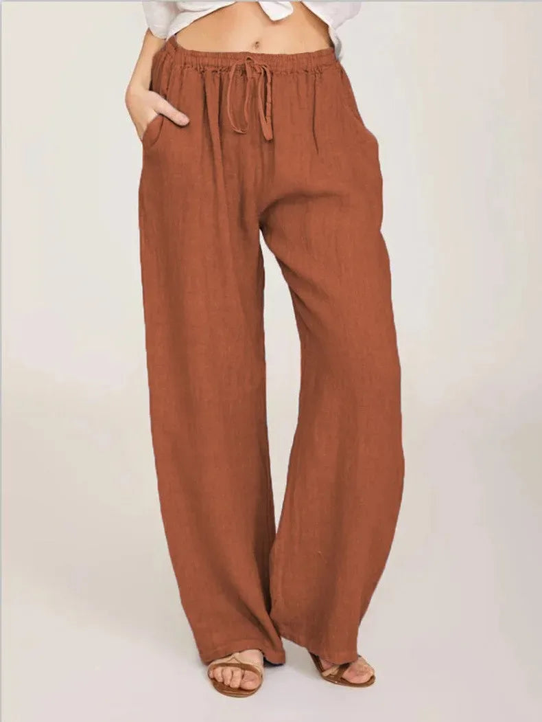 Pantalón de Lino Ancho para Mujer | Cordón, Bolsillos y Cintura Elástica de Verano