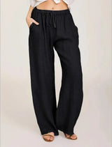 Pantalón de Lino Ancho para Mujer | Cordón, Bolsillos y Cintura Elástica de Verano