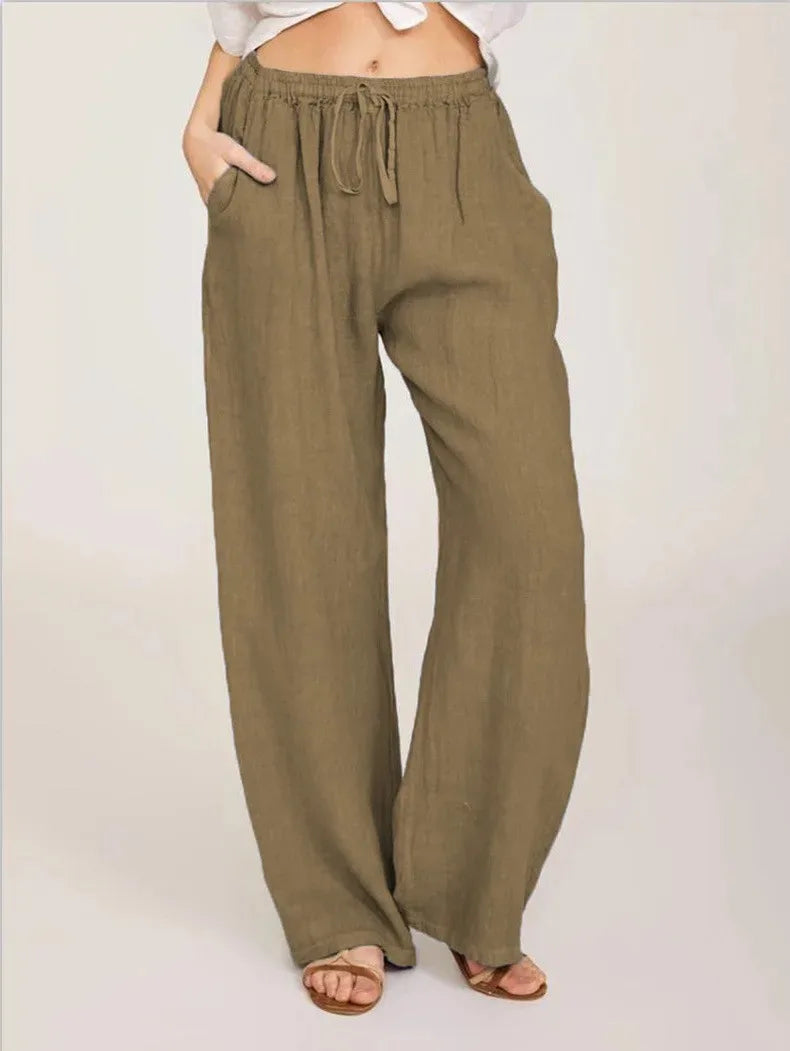Pantalón de Lino Ancho para Mujer | Cordón, Bolsillos y Cintura Elástica de Verano
