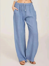 Pantalón de Lino Ancho para Mujer | Cordón, Bolsillos y Cintura Elástica de Verano