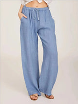 Pantalón de Lino Ancho para Mujer | Cordón, Bolsillos y Cintura Elástica de Verano