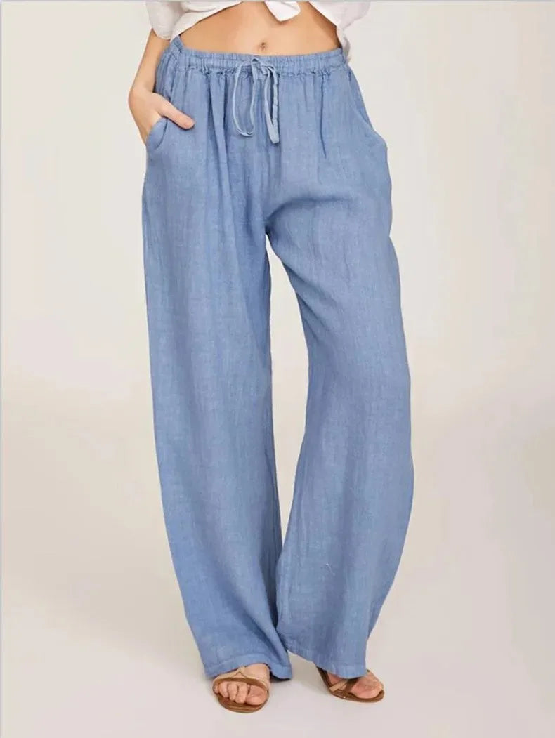 Pantalón de Lino Ancho para Mujer | Cordón, Bolsillos y Cintura Elástica de Verano