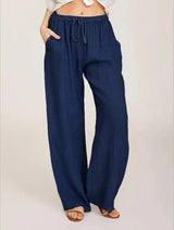 Pantalón de Lino Ancho para Mujer | Cordón, Bolsillos y Cintura Elástica de Verano