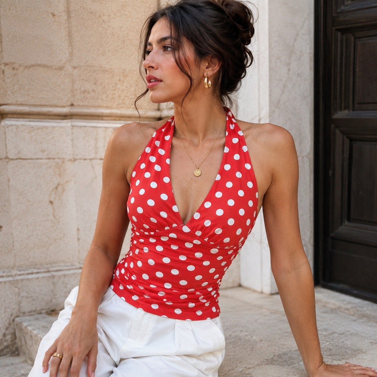 Top de Lunares para Mujer | Top Corto Halter con Cordones de Verano