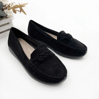 Mocasines Negros para Mujer | Mocasines Efecto Ante con Detalle Trenzado