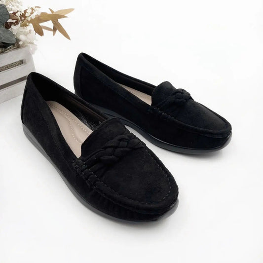 Mocasines Negros para Mujer | Mocasines Efecto Ante con Detalle Trenzado