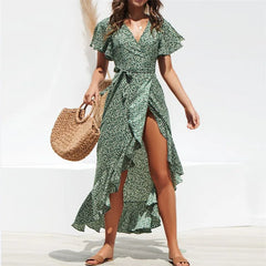 Vestido Largo Boho de Gasa para Mujer | Maxi de Playa Floral con Escote V y Abertura