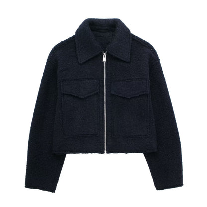 Chaqueta corta efecto lana para mujer, foto real