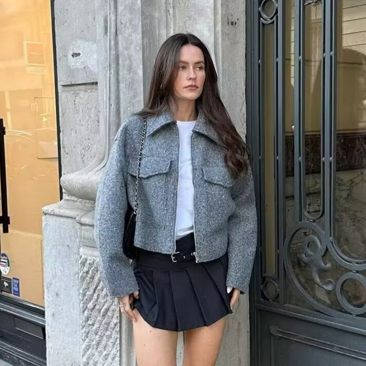Chaqueta corta efecto lana para mujer, foto real