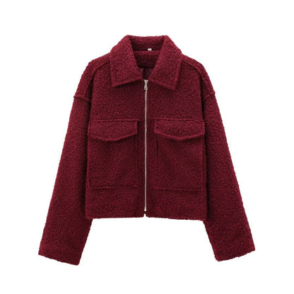 Chaqueta corta efecto lana para mujer, foto real