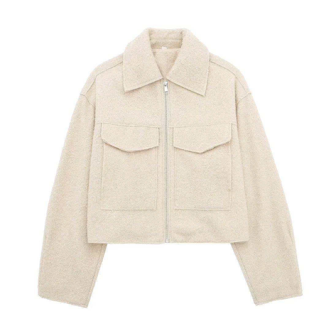 Chaqueta corta efecto lana para mujer, foto real