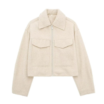 Chaqueta corta efecto lana para mujer, foto real