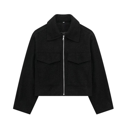 Chaqueta corta efecto lana para mujer, foto real