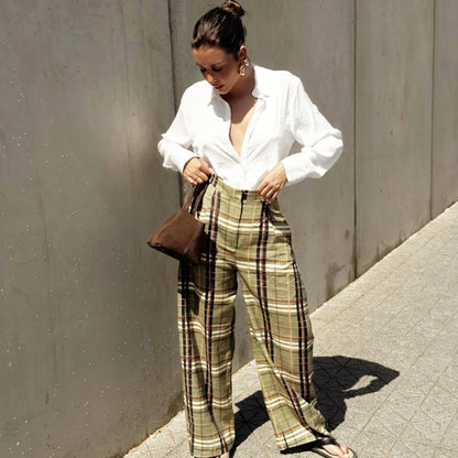 Pantalón Ancho de Cuadros para Mujer | Baggy Tobillero de Tiro Alto