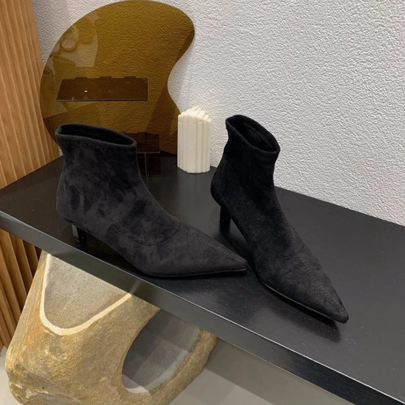 Botines Efecto Ante para Mujer | Botines de Invierno Tacón Bajo Punta Fina
