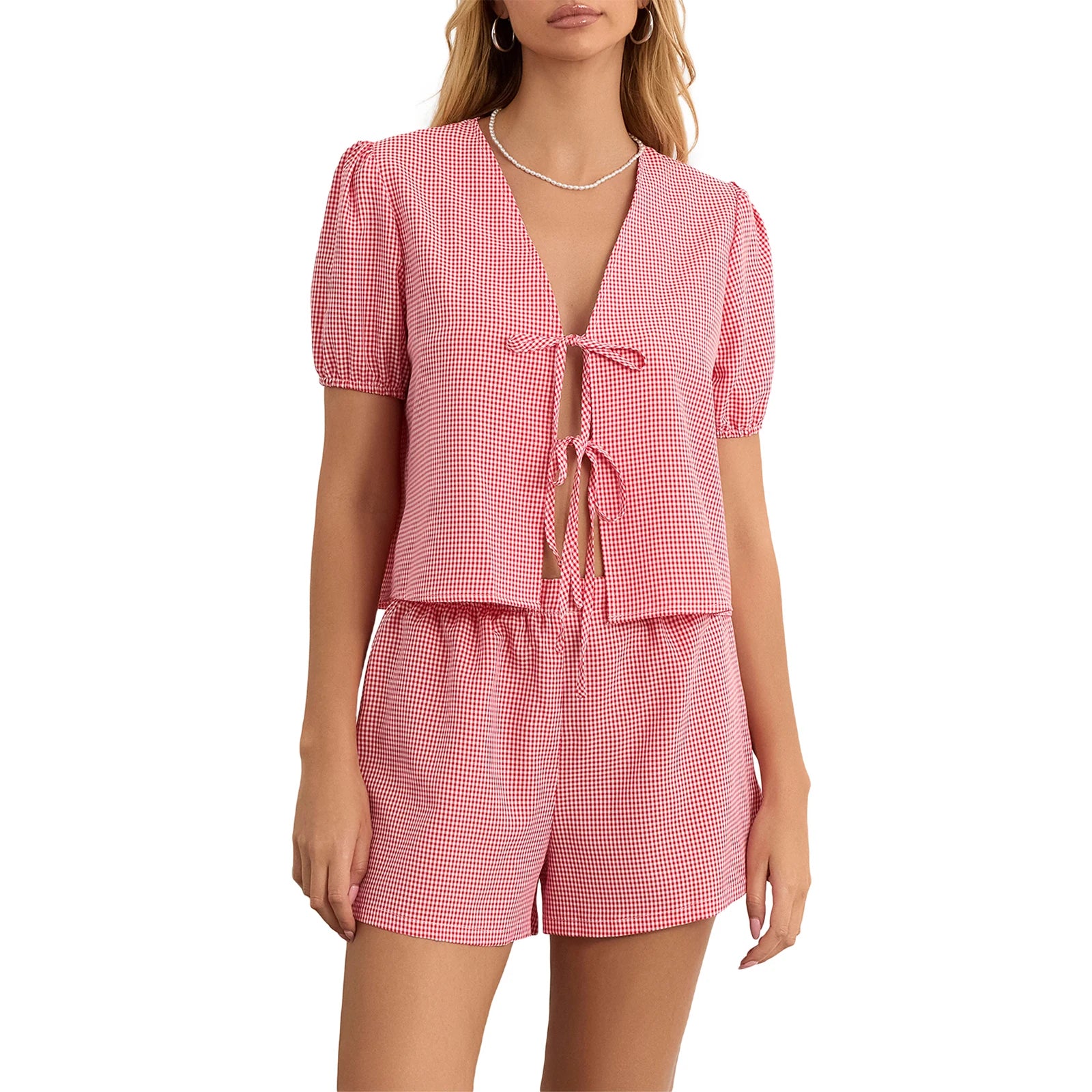 Conjunto de Dos Piezas para Mujer | Blusa de Lazos y Short de Cuadros Vichy, Verano