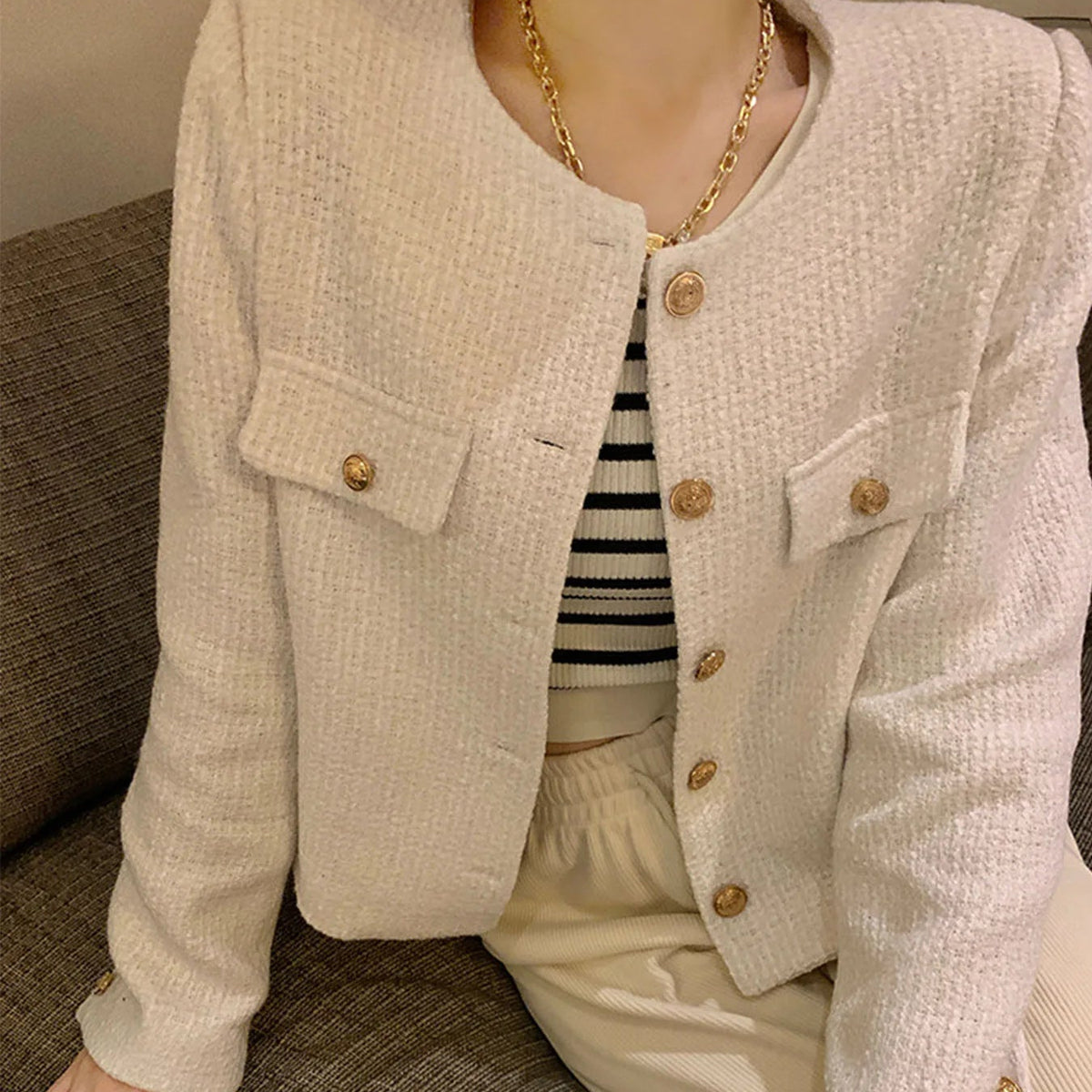 Chaqueta Tweed para Mujer | Chaqueta Corta Entallada con Botones Dorados